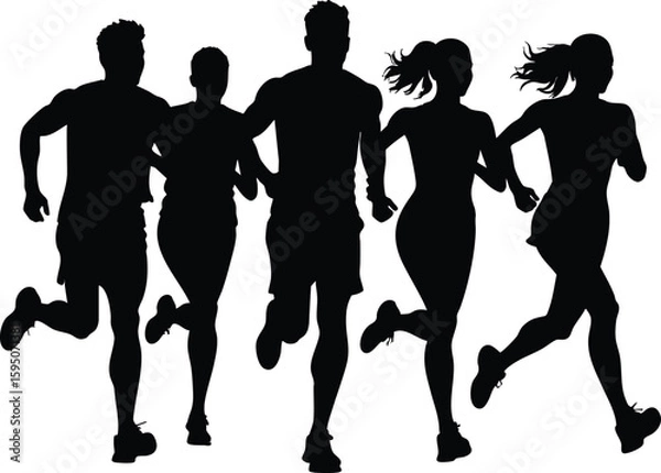Fototapeta Group of male and female running silhouette vector on transparent background