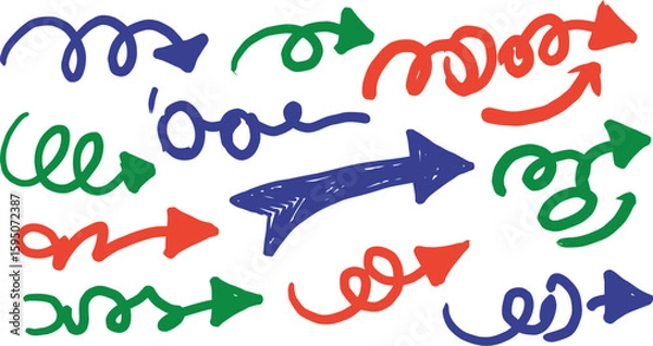 Fototapeta Hand-drawn arrows collection for direction, flow, and concepts of movement, set of vector arrows