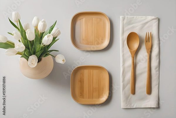 Obraz Elegant Table Setting with Tulips, Wooden Plates, and Wooden Cutlery