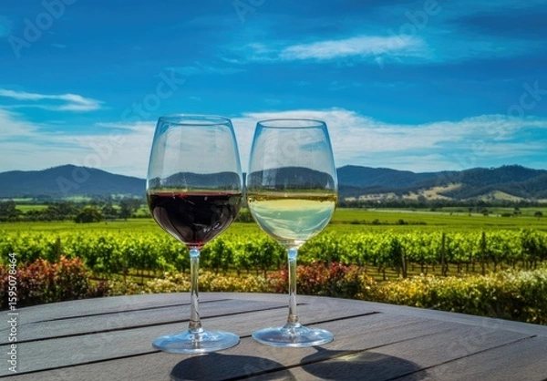 Obraz Two wine glasses on a table with a vineyard view