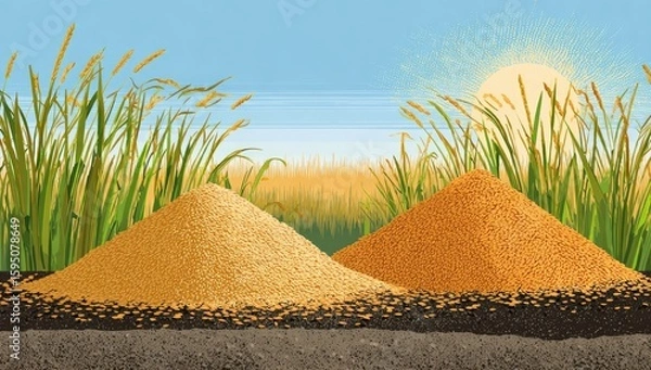 Obraz Two piles of grain against a backdrop of rice stalks