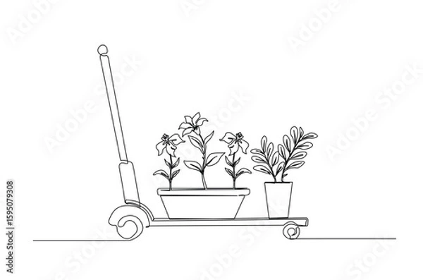 Fototapeta Gardening trolley in continuous one line drawing. Single line art illustration of trolley or cart for farming.
