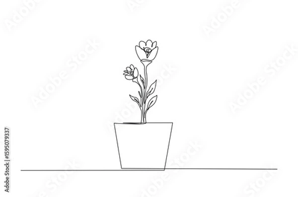 Fototapeta Potted houseplant flowers in continuous one line drawing. Single line art illustration of flower in pot.
