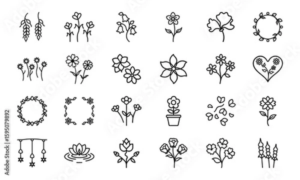 Fototapeta Elegant Flower Icon Collection Featuring Blossoms, Bouquets, Wreaths, Potted Plants, Petals, And Decorative Floral Elements In S (3)