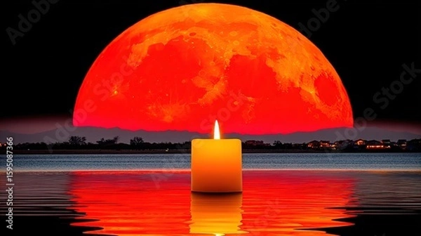 Fototapeta Candle Flame Reflects in Water Under a Red Moon