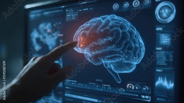 Obraz ai healing precision. Interactive display showing a brain model with data visualization and touch interaction.