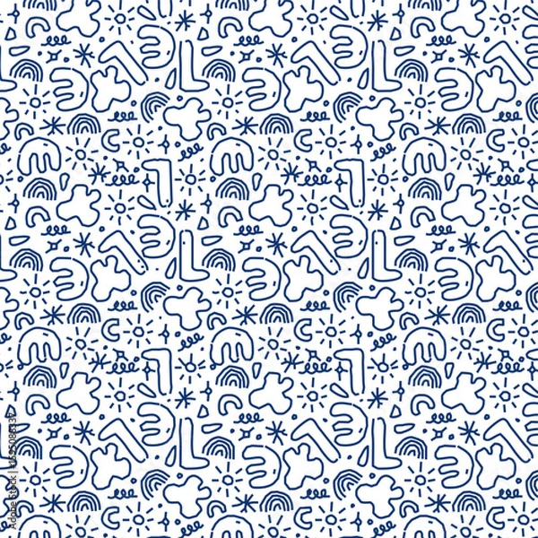 Fototapeta Playful seamless doodle pattern with abstract shapes, squiggles, stars, and lines in blue on a white background, evoking a childlike or casual feel.