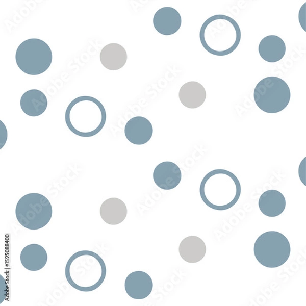 Fototapeta Minimalist seamless pattern with randomly scattered blue and grey solid and outline circles on a clean white background, creating a light and airy feel.