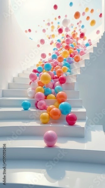 Fototapeta A stream of colorful glossy spheres rolling and falling down the steps of a white modern staircase
