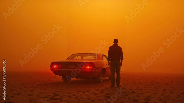 Fototapeta Silhouette of a man standing next to a vintage car in a hazy, orange post-apocalyptic desert