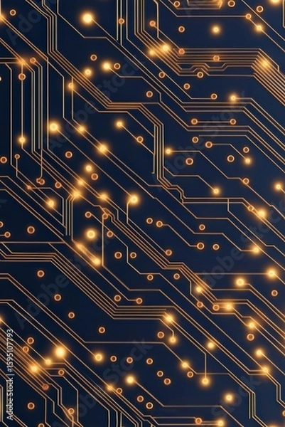 Fototapeta Close-up of a dark circuit board with glowing golden pathways and nodes, illustrating electronic connections and digital technology.