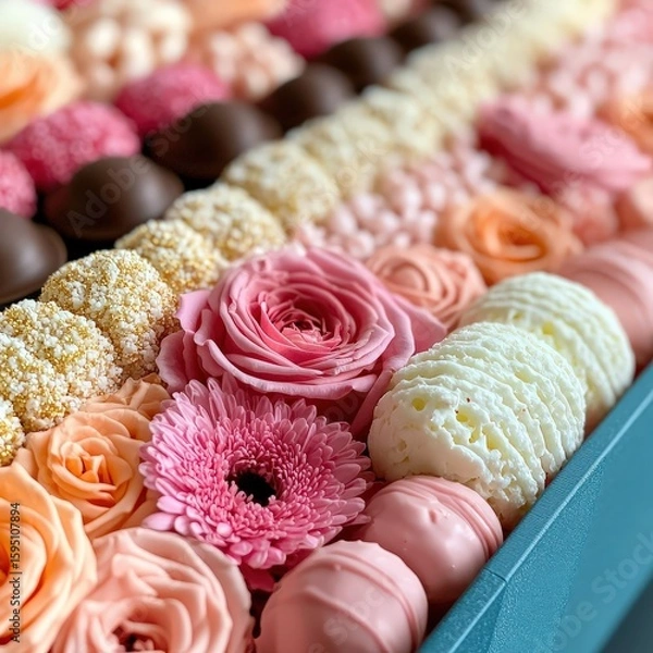 Fototapeta A close-up of an elegant arrangement featuring pink flowers and various pastel-colored chocolates and confections in neat rows.