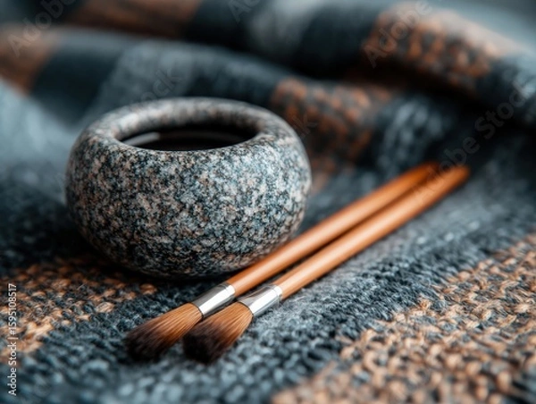 Fototapeta A stone textured cup filled with dark liquid and two wooden-handled paintbrushes resting on a textured fabric surface.