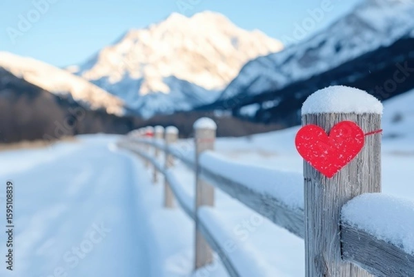 Fototapeta A snow-covered wooden fence with a red heart attached, set against a backdrop of snowy mountains under a clear blue sky.