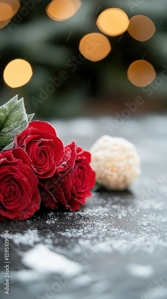 Fototapeta A close-up of red roses dusted with snow, with blurred warm lights in the background and a white flower or decoration nearby.