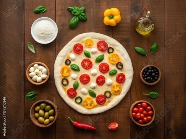 Fototapeta Uncooked pizza topped with tomatoes, olives, mozzarella, and basil, surrounded by fresh ingredients and olive oil on a wooden table.