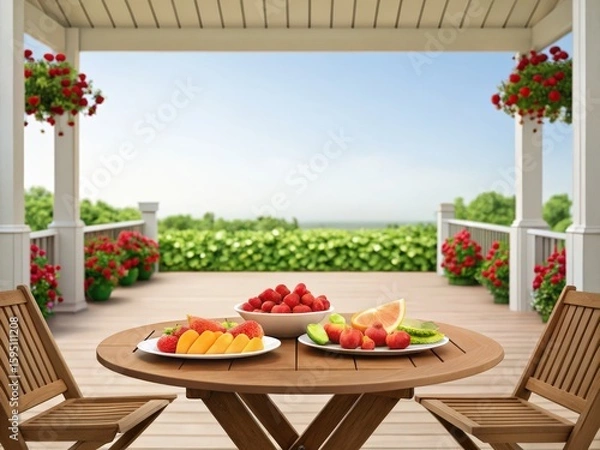 Fototapeta A wooden patio table with plates of fresh fruit, surrounded by chairs, overlooking a lush garden under a clear sky.