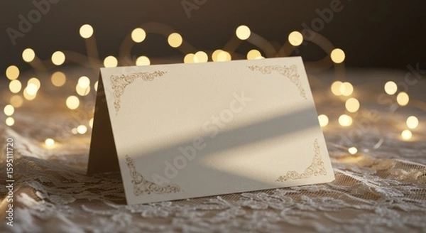 Fototapeta Elegant Blank Card with Ornate Border on Lace Surface with Warm Bokeh Lights