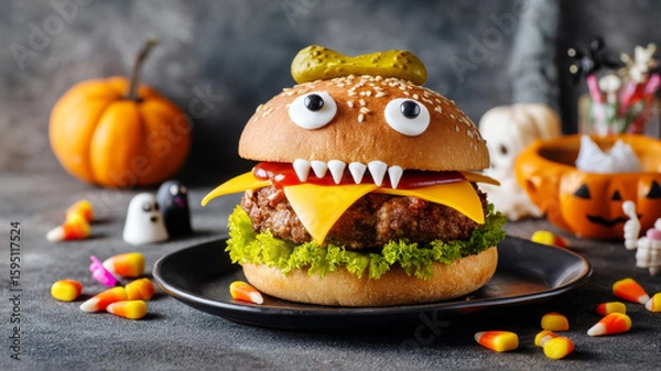 Fototapeta Whimsical Halloween Burger with Eyes and Fangs Surrounded by Festive Decorations and Candy