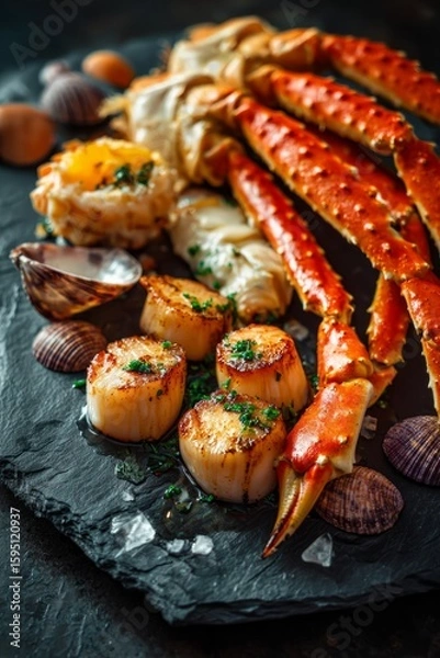Fototapeta Gourmet seafood platter with crab legs, scallops, and clams on slate for elegant dining experience