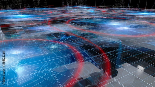 Fototapeta Quantum sensor technology detection navigation. Military tech. High-tech navigation grid with quantum sensing overlay.