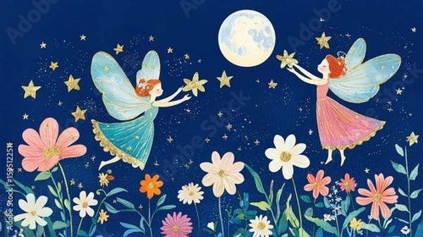 Fototapeta vintage fairies with glittering gold trim, dancing in moonlight among flowers and stars, nostalgic storybook-style artwork.