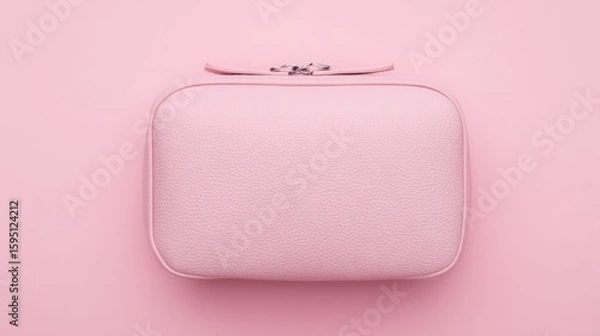 Obraz Pink cosmetic bag on soft pink background, flat lay with ample copy space.