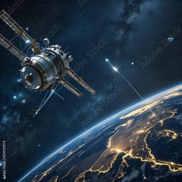 Fototapeta Sleek High-Tech Artificial Satellite Orbiting Earth Amid Twinkling Stars