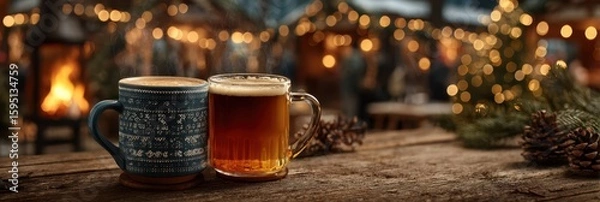 Fototapeta Warm beverages on a rustic table at a winter market under festive lights