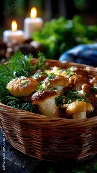 Fototapeta Freshly harvested mushrooms in a woven basket surrounded by herbs and candlelight in a rustic setting
