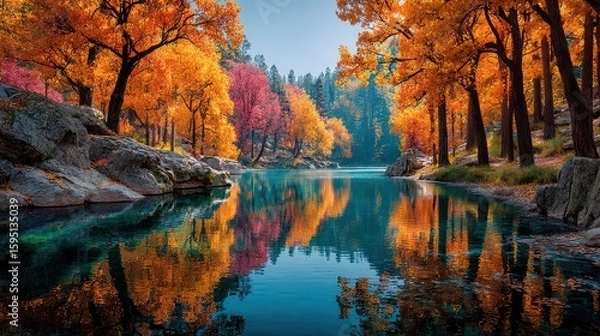 Fototapeta Autumn colors reflect vibrantly on the serene lake surrounded by vibrant fall foliage in a tranquil forest setting