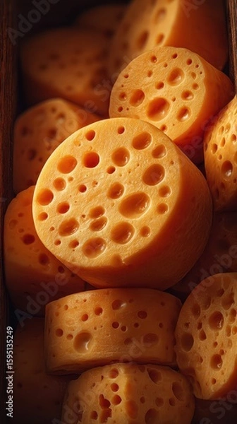 Fototapeta Unique yellow cheese pieces arranged in a wooden tray illuminated by warm ambient light during early morning