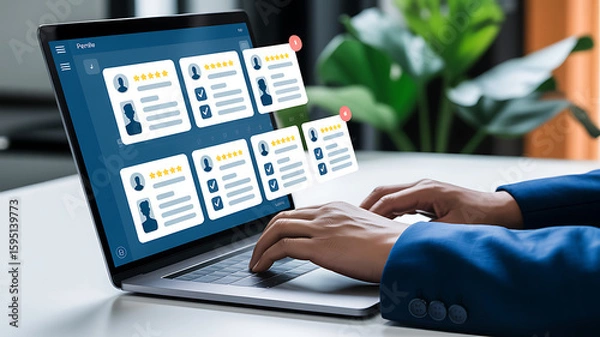 Fototapeta Online Reputation Management Monitoring Customer Feedback Analysis Using a Laptop Computer Digital Strategies and Improving Customer Satisfaction Through Real Time Sentiment Analysis and Insights