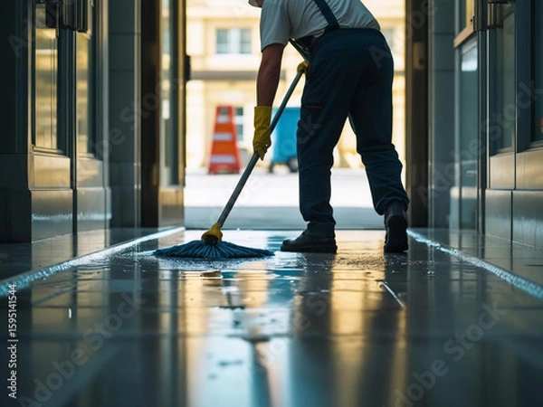Fototapeta A man is mopping a floor with a yellow mop