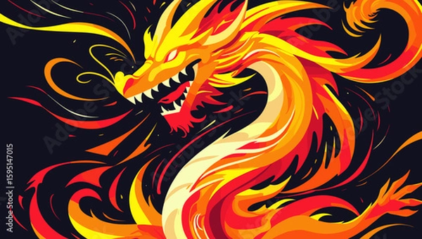 Obraz Dynamic illustration of a fiery dragon with vibrant colors and swirling flames for fantasy art