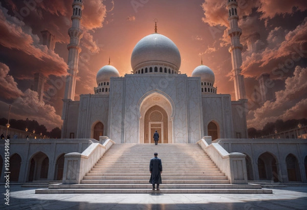Fototapeta A dramatic, digitally enhanced image of a grand mosque at dawn.