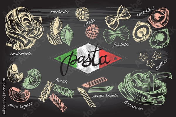 Fototapeta Different types of authentic Italian pasta. Hand drawn set. Vector illustration on the blackboard. Menu or signboard template for restaurant.