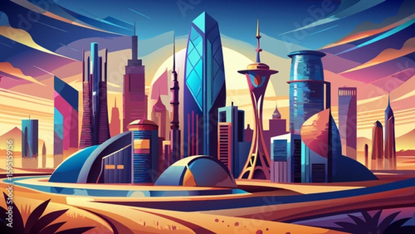 Fototapeta Doha, Qatar – Gleaming towers and desert dunes frame a city of innovation and tradition. A futuristic skyline ideal for sleek, modern vector work.