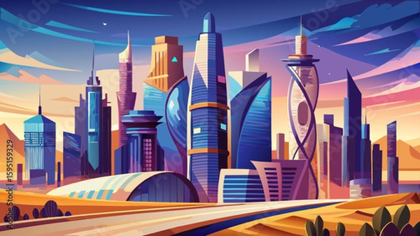 Fototapeta Doha, Qatar – Gleaming towers and desert dunes frame a city of innovation and tradition. A futuristic skyline ideal for sleek, modern vector work.