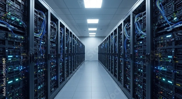 Fototapeta Server room data center featuring rows of rack mounted server hardware
