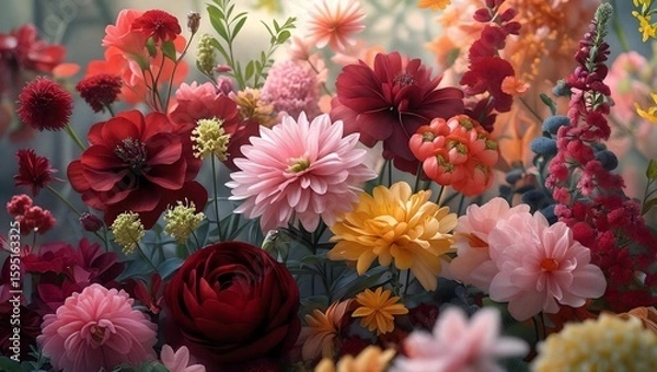 Fototapeta A beautiful, colorful flower bouquet with pink and purple blossoms and yellow gerberas in a summer garden