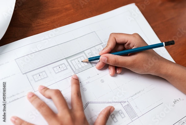 Fototapeta Architectural design drawing in progress at home office sketching floor plans creative workspace aerial view