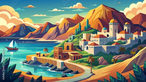 Fototapeta Fujairah, UAE – Mountainous desert meets ocean coastline. Forts and mosques blend with nature, offering raw textures for compelling vector imagery.