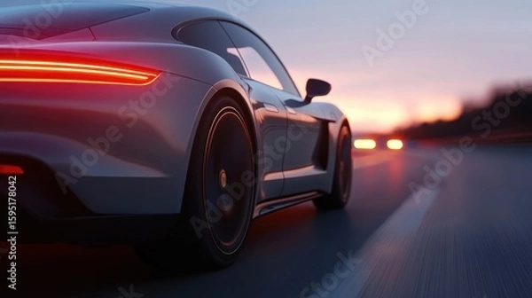 Fototapeta Sleek silver sports car on highway at dusk with glowing taillights
