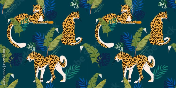 Fototapeta Seamless pattern with leopards and tropical leaves. Leopards on a blue background surrounded by tropical plants. Vector illustration