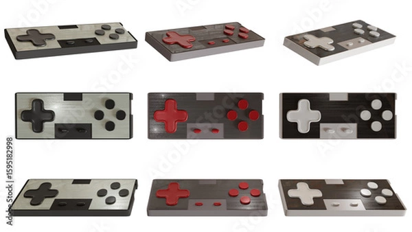 Obraz Set of retro gamepads for old gaming consoles in different angles and in different colors, isolated on a transparent background. 3D rendering.