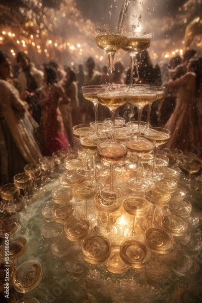 Fototapeta Wide Angle Shot of Symmetrical Champagne Tower at Lavish Indian Ceremony