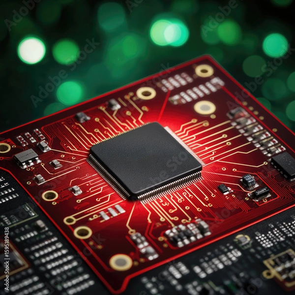 Obraz Square Macro Close‑Up of Red PCB with PCB Components and Sharp Traces