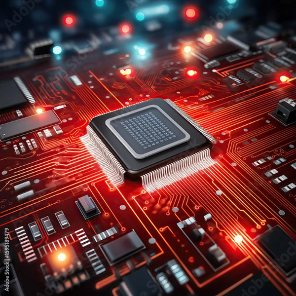 Obraz Square Macro Close‑Up of Red PCB with PCB Components and Sharp Traces
