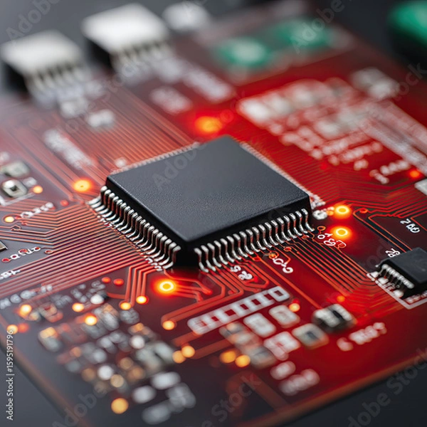 Obraz Square Macro Close‑Up of Red PCB with PCB Components and Sharp Traces